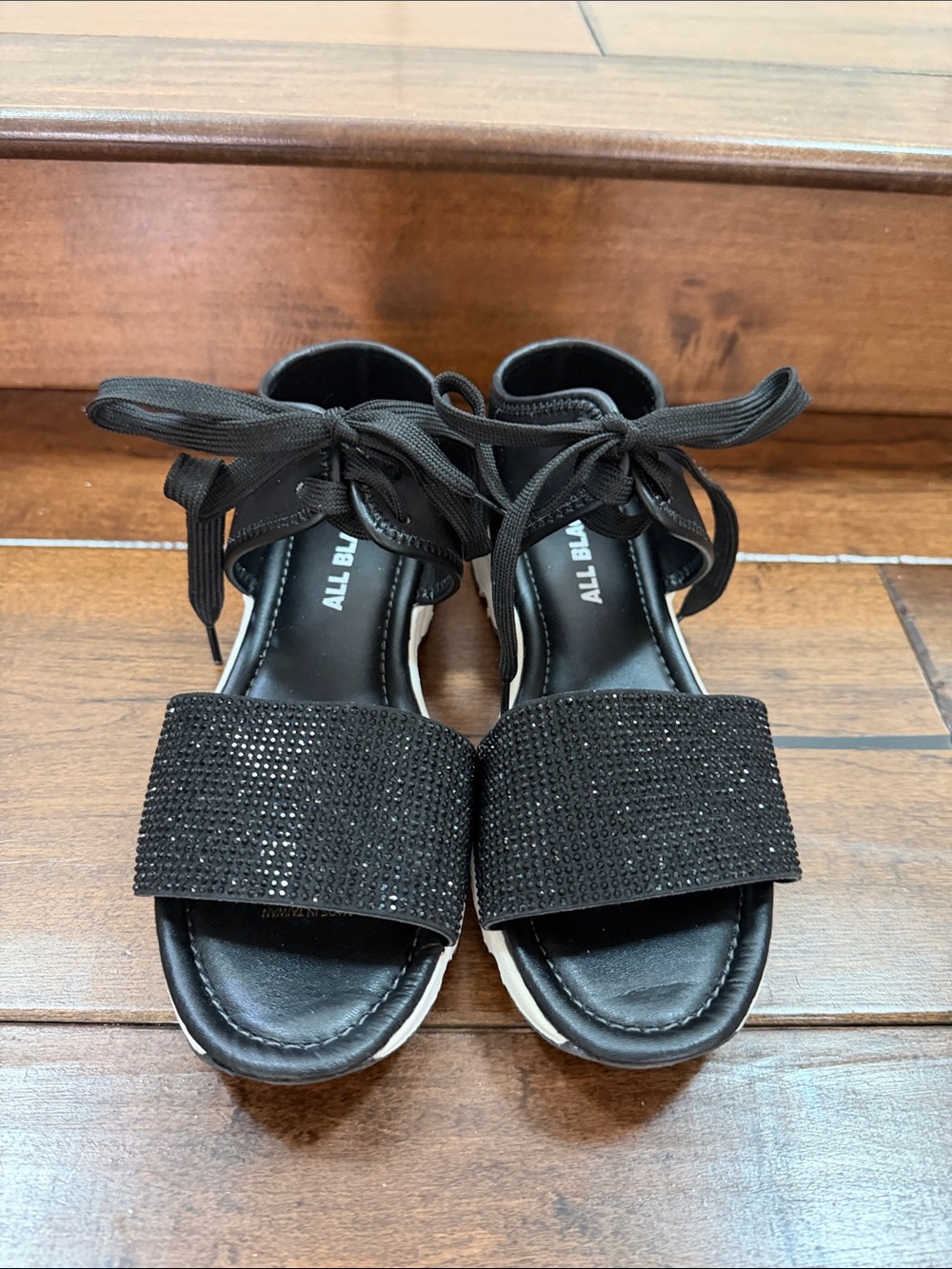 All Black Rhinestone Lace-Up Sandals